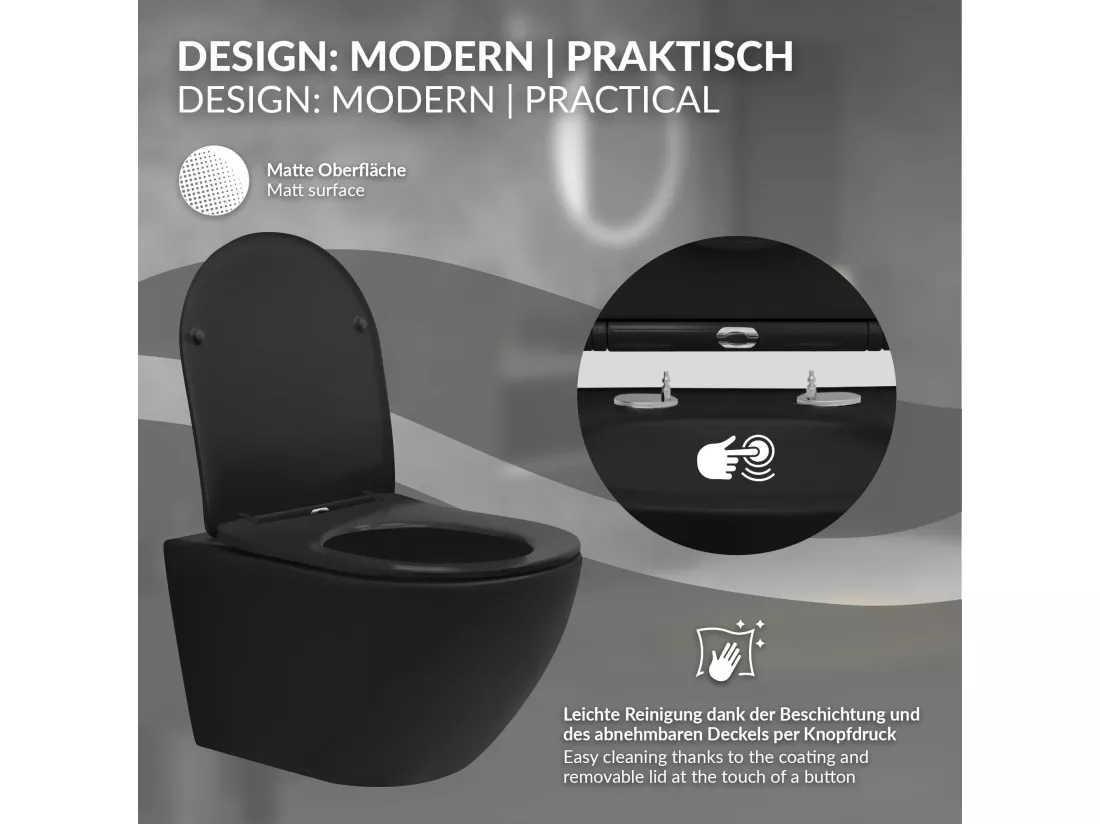 WC suspendu long chasse d'eau tornado noir mat avec siège de toilette Softclose