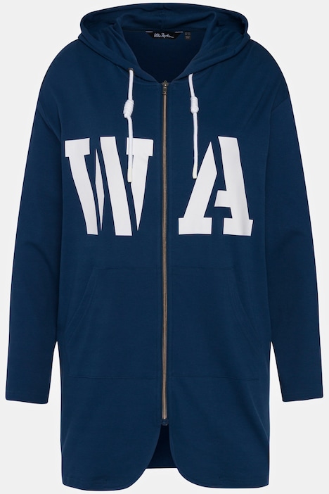 Long-Sweatjacke, Schriftmotiv, Kapuze, Knotenband