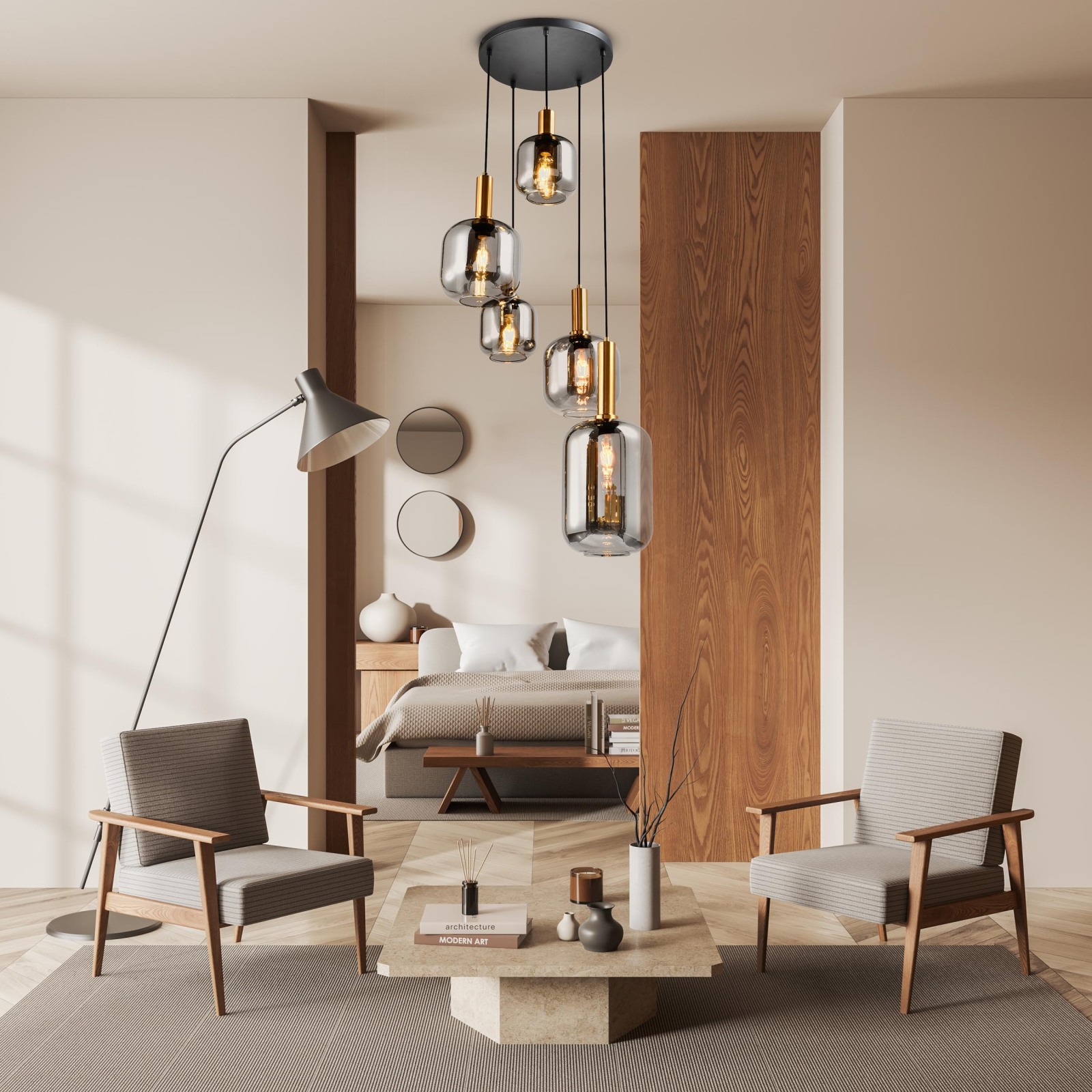 Pendelleuchte FUMO - schwarz-gold - Rauchglas - 5-flammig