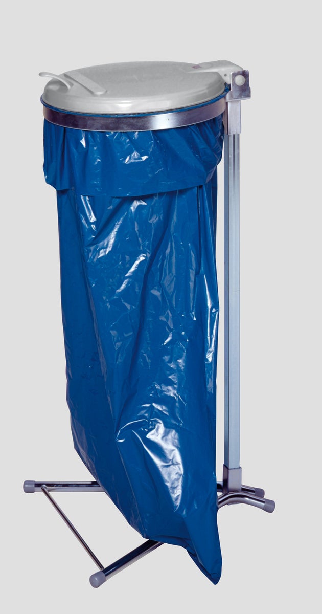 PROREGAL Robuuste enkele afvalverzamelaar met kunststof deksel en standaard, 35 cm opening, afmetingen (H x B x D): 98 x 50 x 48 cm, gegalvaniseerd staal, zilver