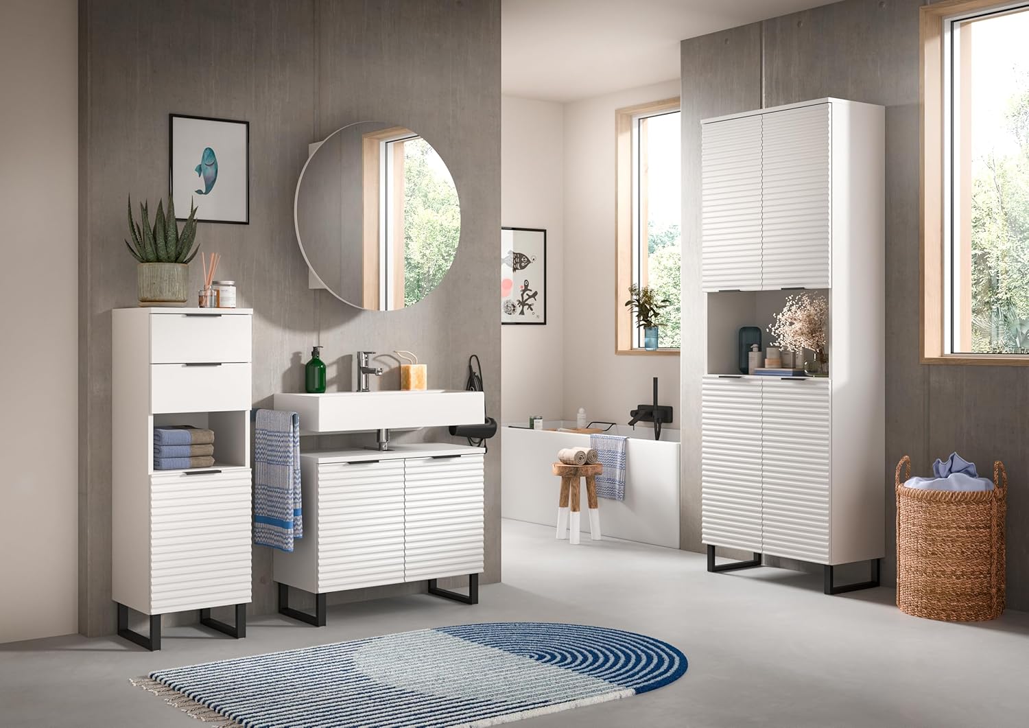 xonox.home Badezimmer Riff 2tlg. Kombination Badmöbel Set kleine Bäder Komplettprogramm Bademöbel-Set in weiß Waschbeckenunterschrank Spiegelschrank rund
