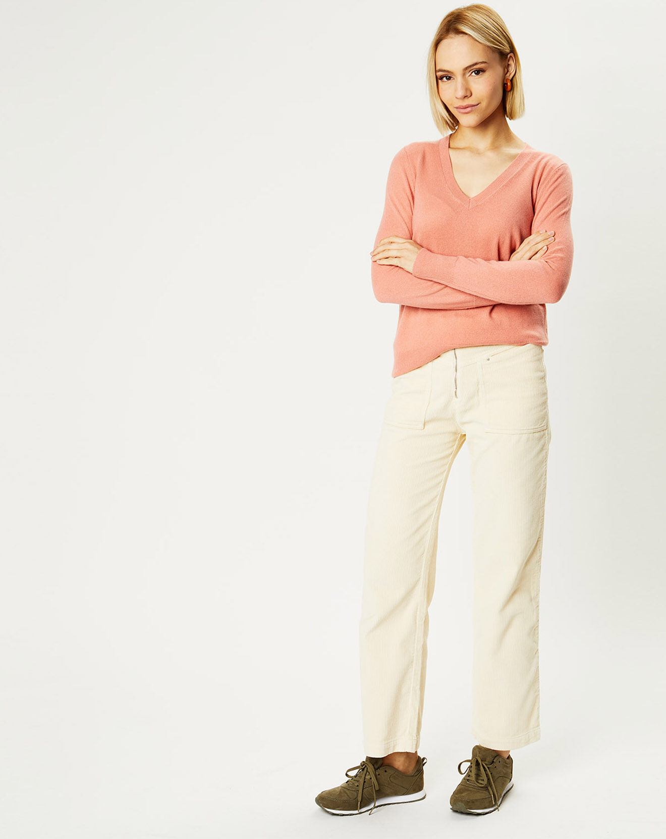 Galeries Lafayette Pull 100% Cachemire Yocon col V rose