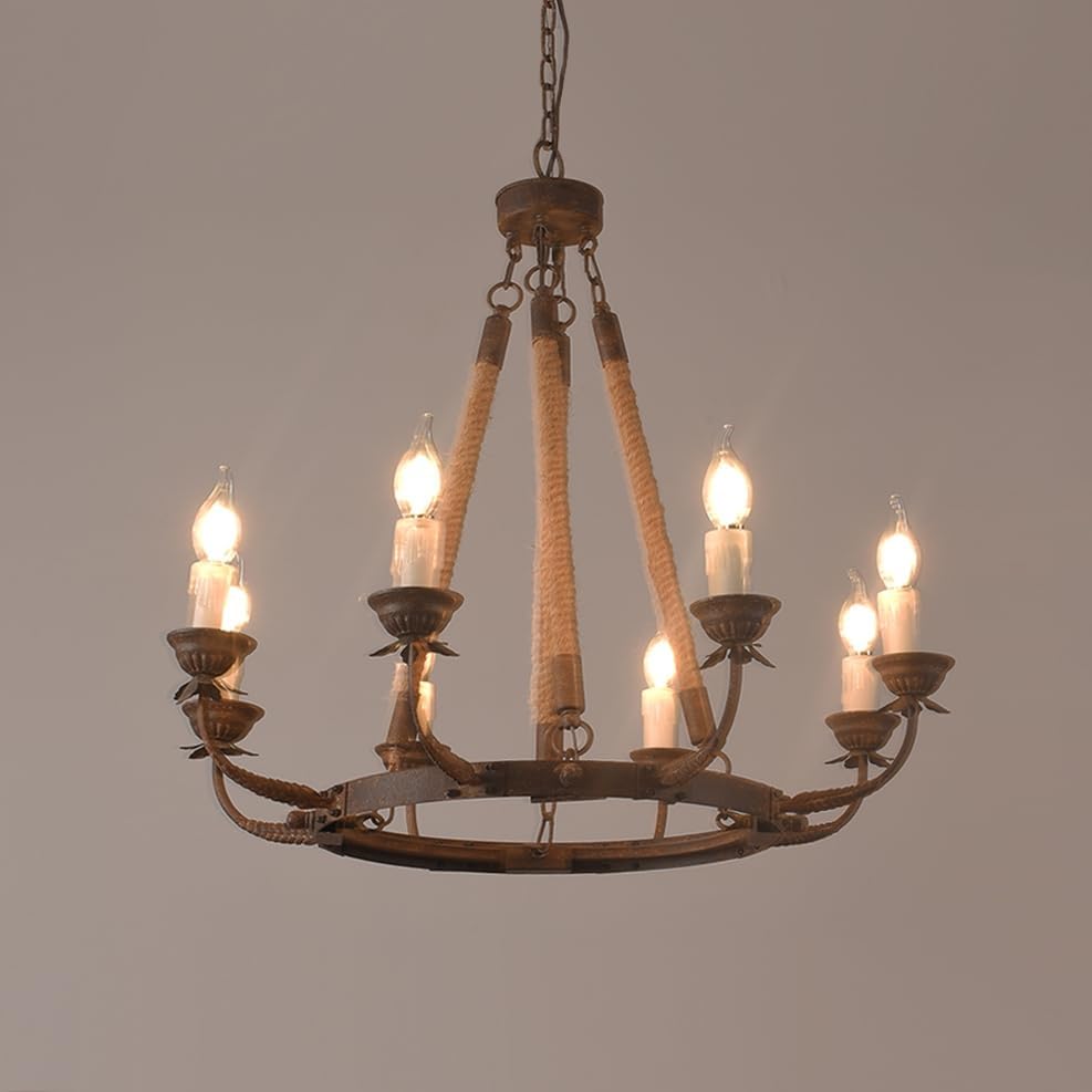 Homary Candlely 8-Light Rustikaler Kronleuchter, Eisen & Hanfseil Pendelleuchte Nautischer Stil Metall Kandelaber mit verstellbarer Kette, Vintage Bauernhaus Beleuchtung für Esszimmer & Foyer