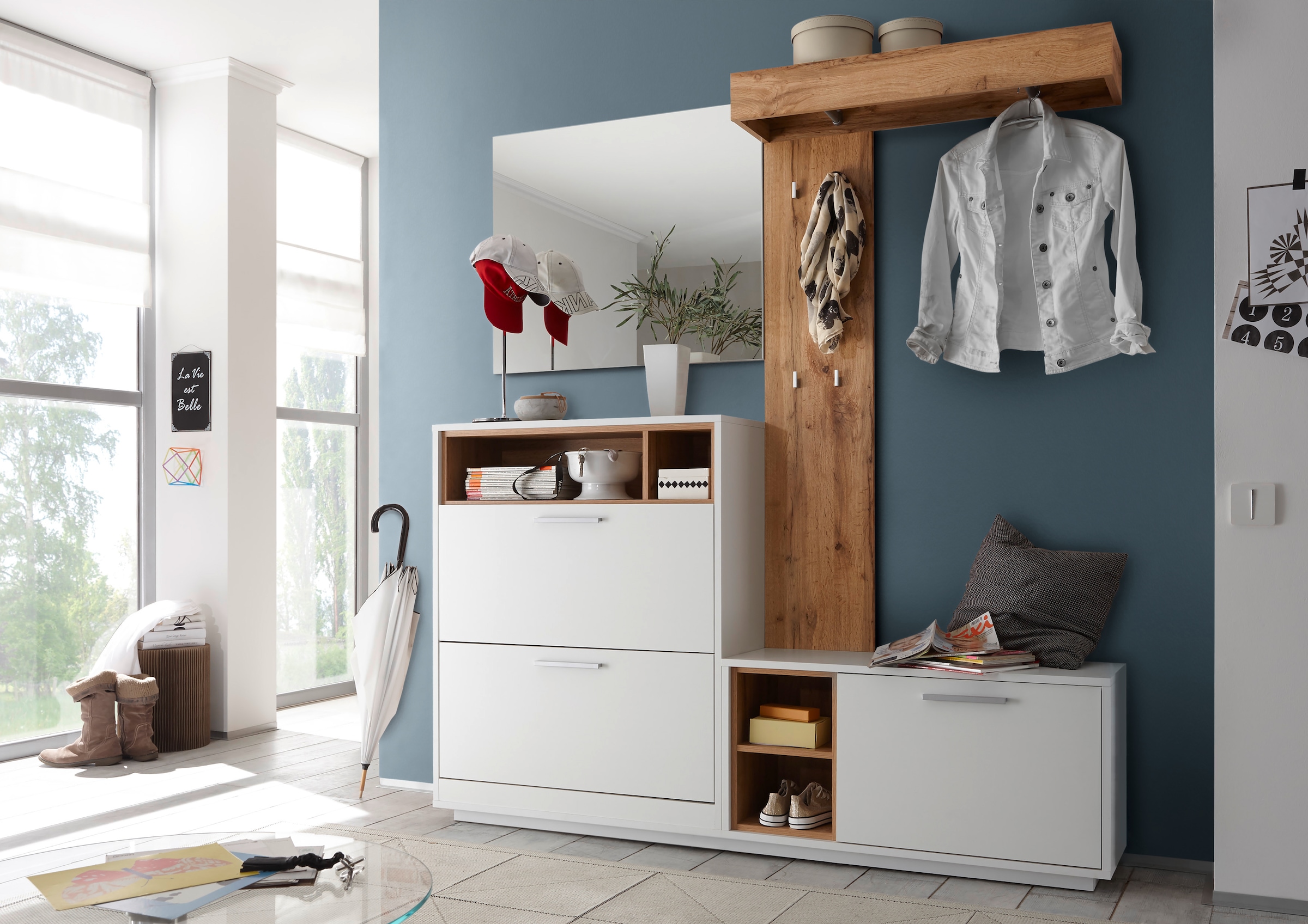 HBZ Kompaktgarderobe »Milano mit Spiegel, BxHxT 177x195x32 cm« 1 Stk. tlg. Mit Schuhkommode, Paneel, Bank und Spiegel