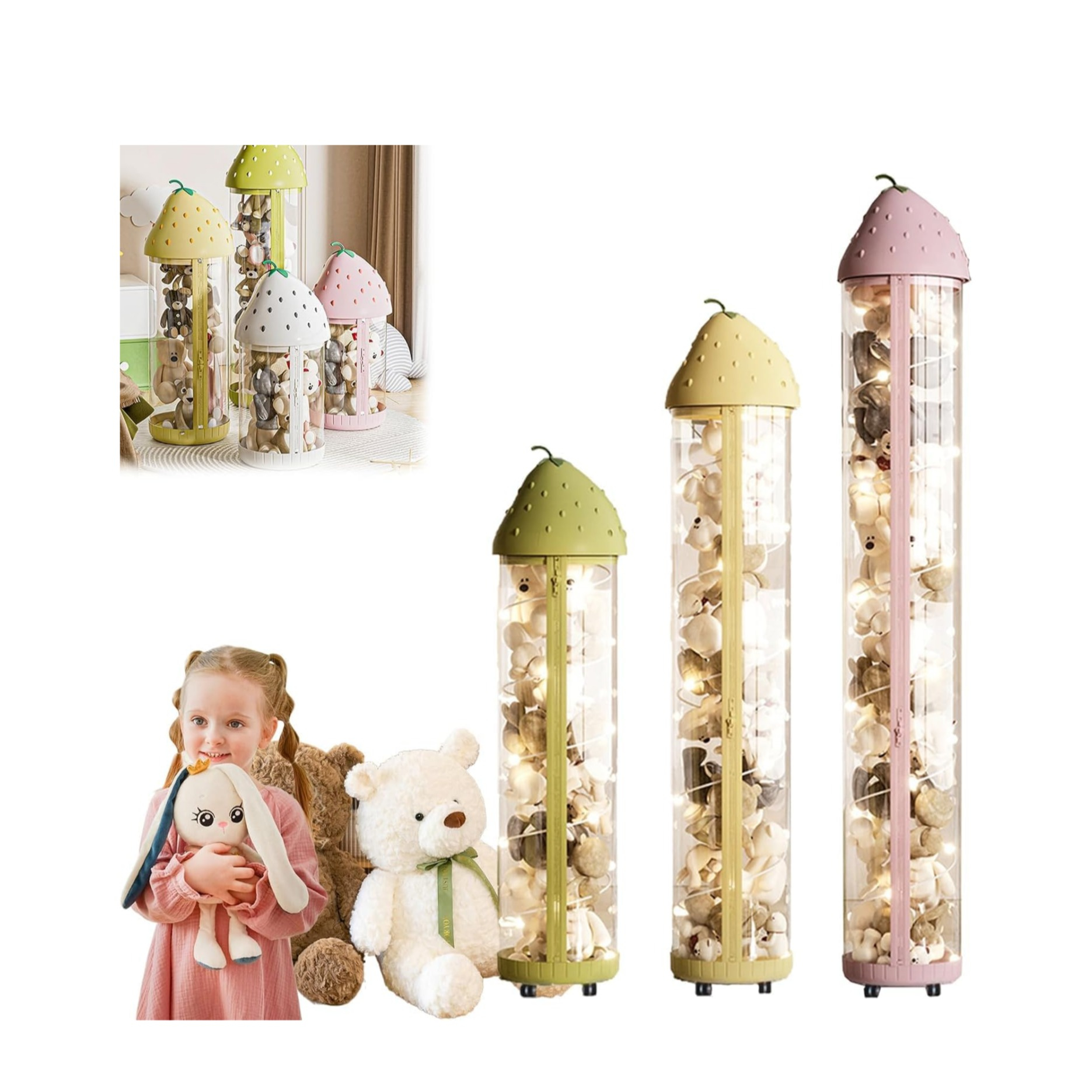 (Ø25x140cm) Spielzeug Organizer Säule LED Stofftier Röhre Kinderzimmer Aufbewahrungs Box im Erdbeer Design - Rosa