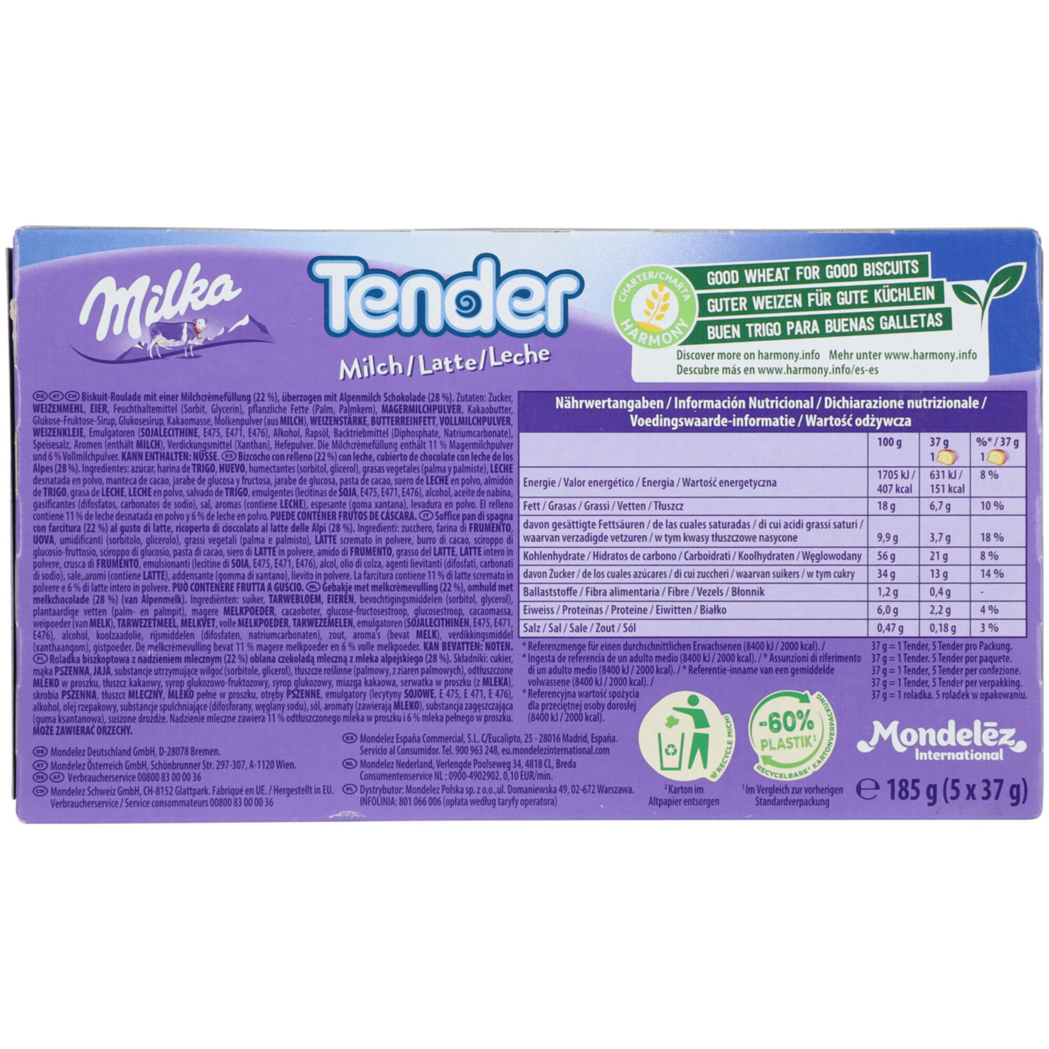 Milka Schokoladenriegel Tender Milch 5x37g