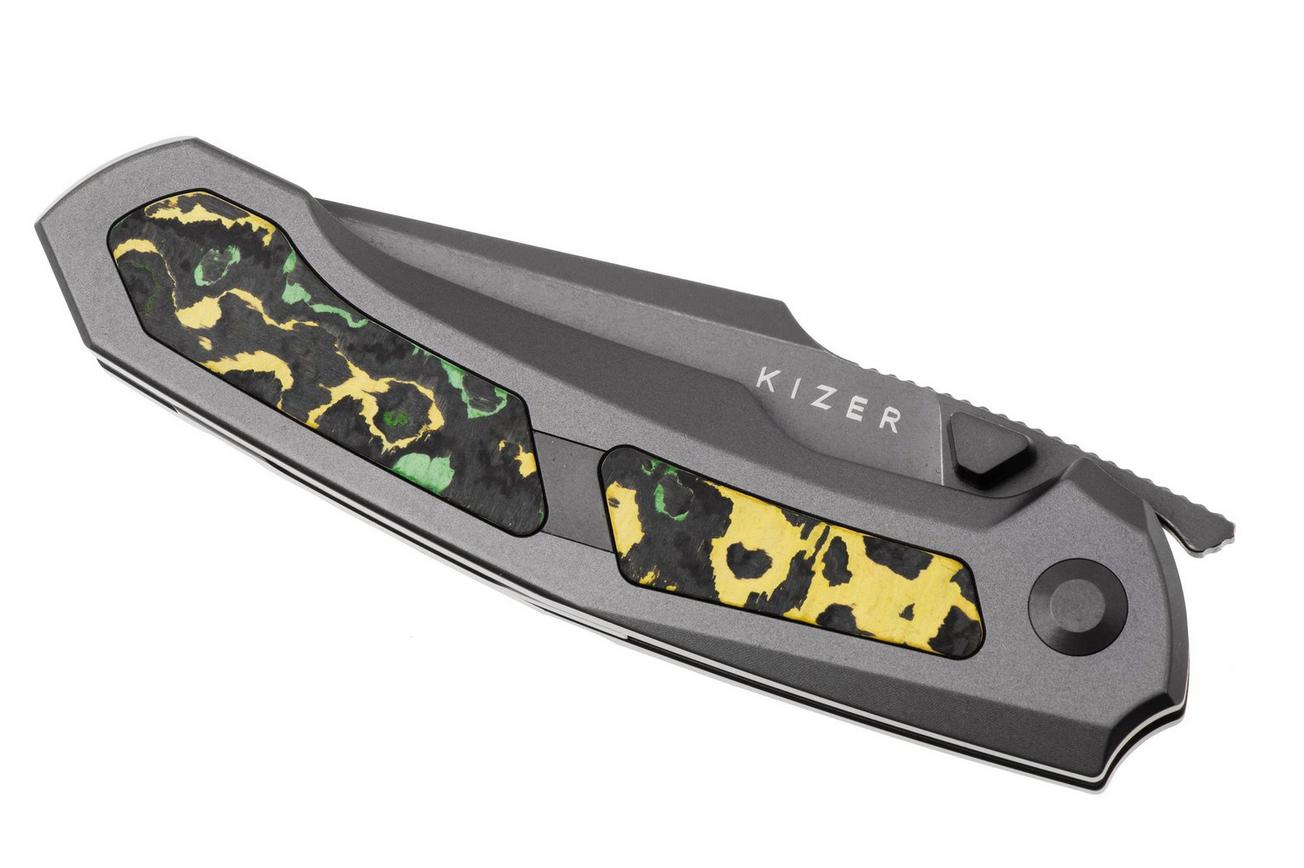 Kizer Feweed KI3694A2 Grey Stonewashed CPM S90V, Titanium Toxic Storm Fat Carbon Inlay, zakmes