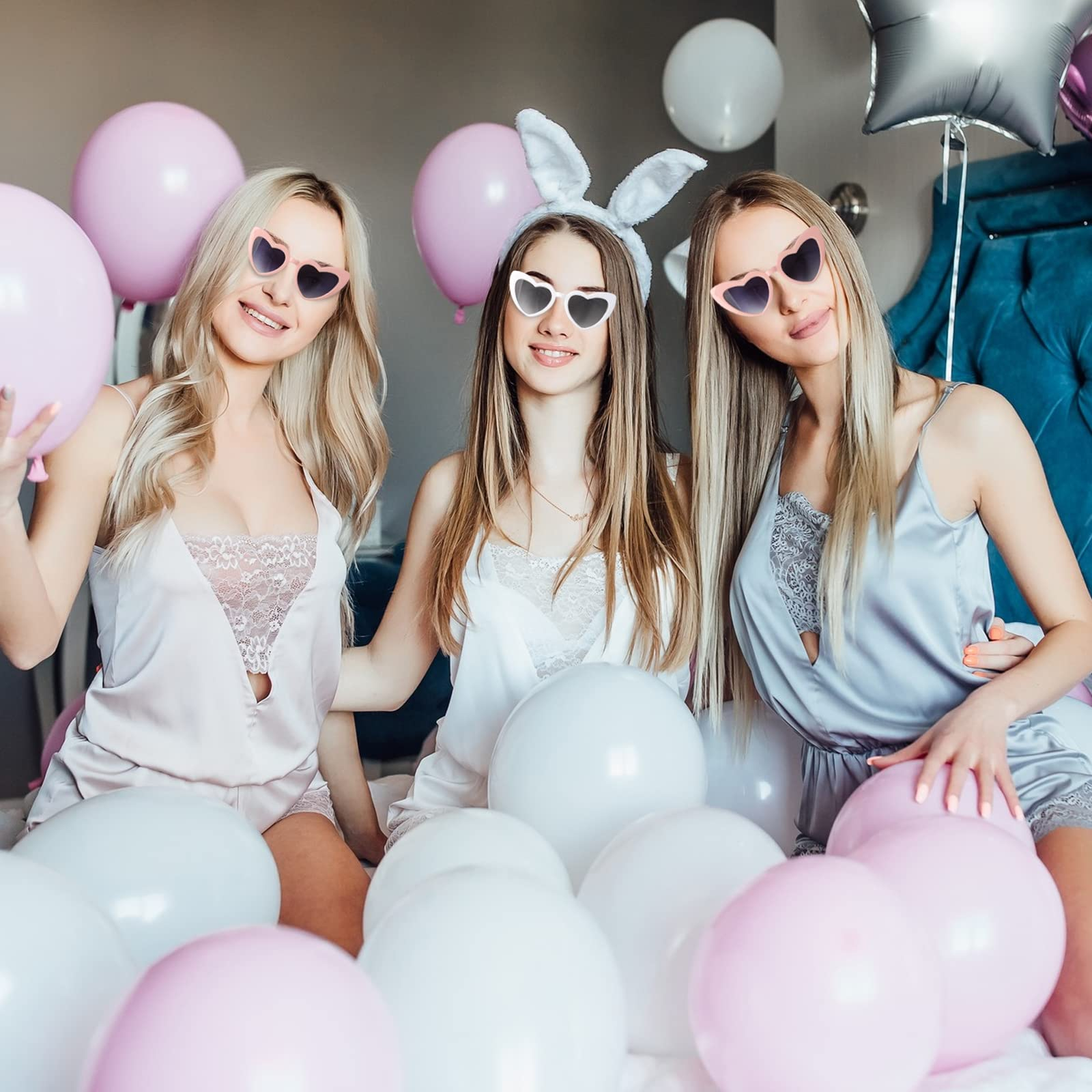 (12-tlg. Set) Herz Brille   Scrunchie Haargummi Bachelorette Party Accessoire Junggesellinnenabschied - Weiss / Schwarz