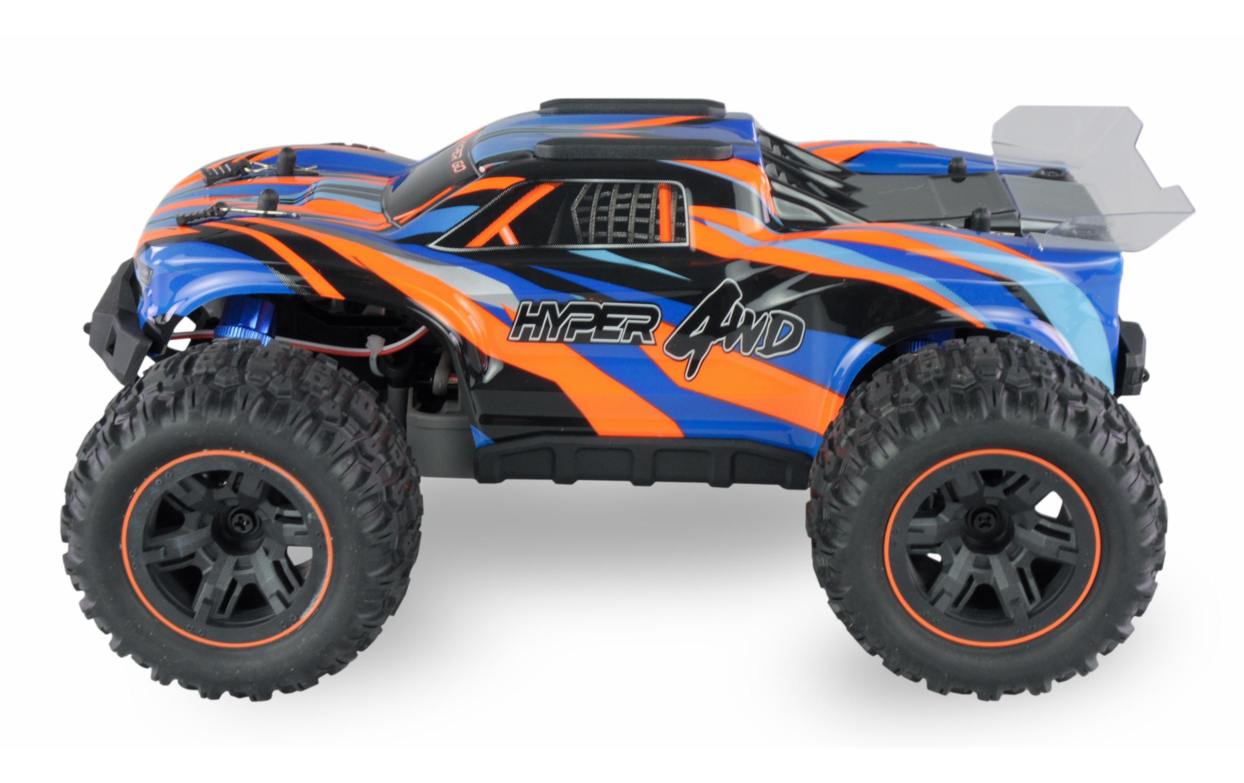 Truggy Hyper GO Brushed 4WD, Blau/Orange RTR, 1:16Off-Road RC Modellauto mit Allradantrieb und 40 km/h Höchstgeschwindigkeit