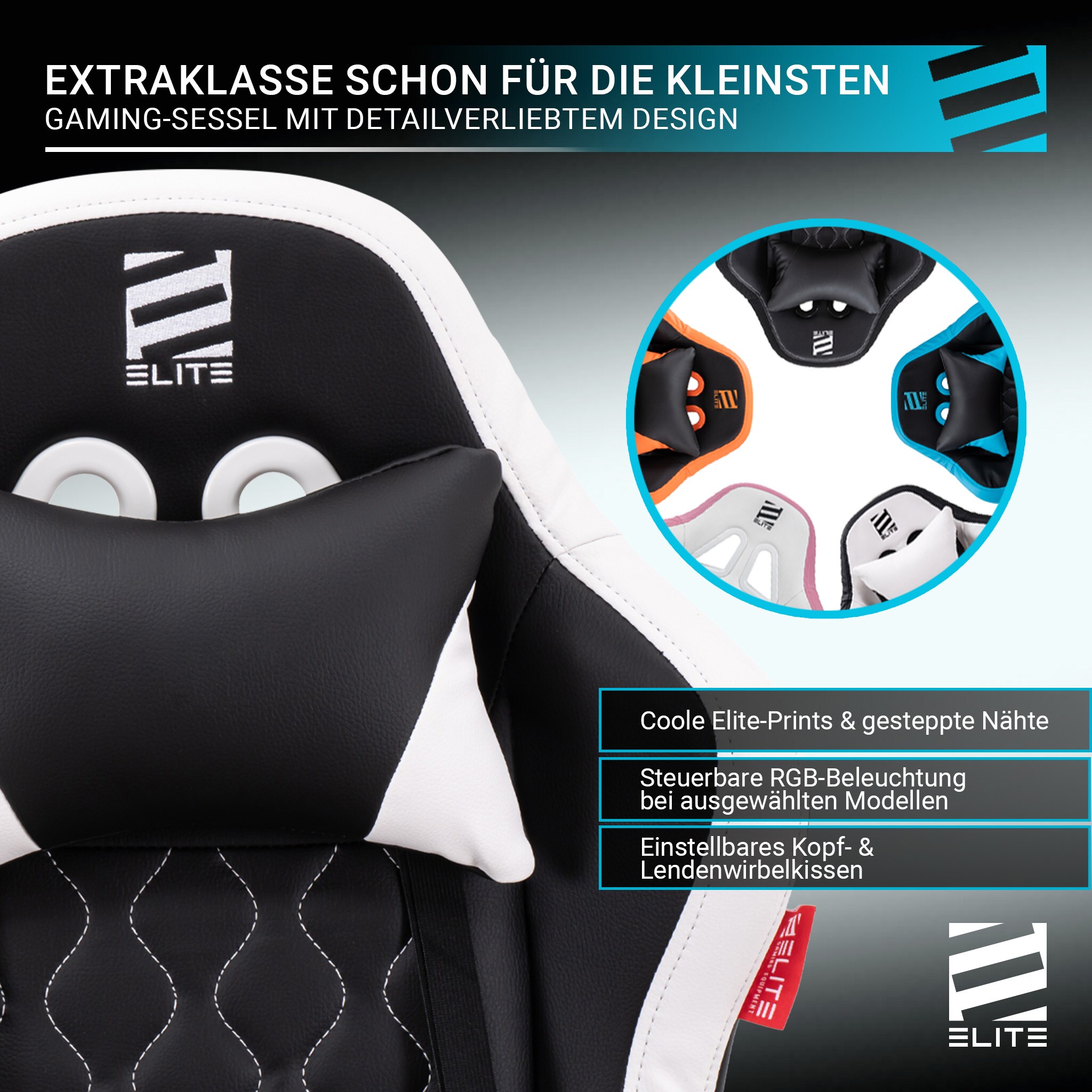ELITE Gaming-Stuhl für Kinder PULSE, ergonomisch, bis 120kg, verstellbare Höhe, Wippmechanik, Kissen (Weiß/Pink)