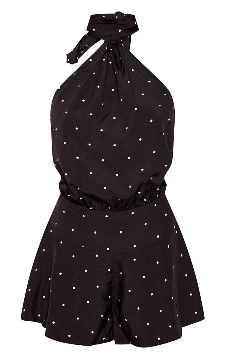 Noir Combi-short À Pois Avec Col Licou Et Détail Foulard Au Cou