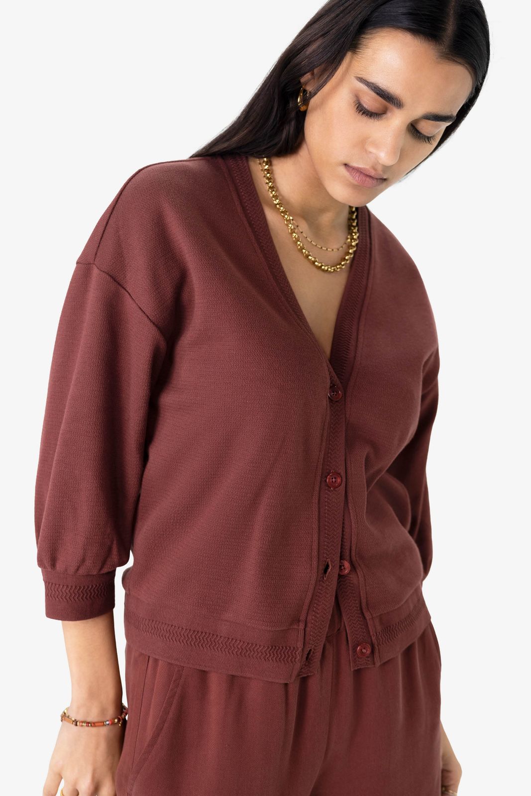 Donkerbruin jersey vest met knopen