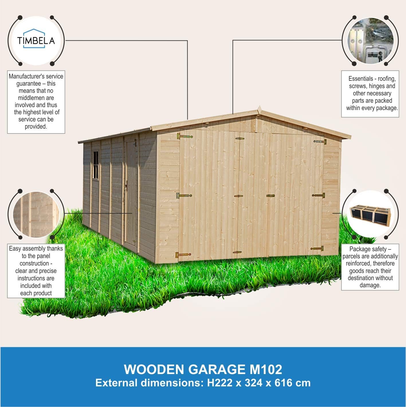 Holzgarage - Abstellraum mit Fenstern- H222x616x324 cm /18 m2 - Plattenkonstruktion aus Naturholz - Gartenwerkstatt - Auto- und Geräteschuppen -TIMBELA M102