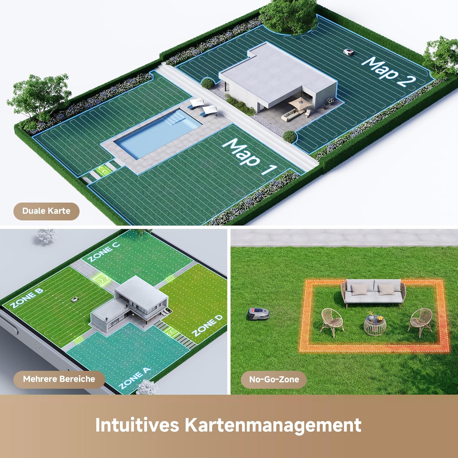 dreame Mähroboter A1 Pro und Garage, Drahtloser Umfang Mähroboter, 2000m², App Steuerung, Intuitive Zonenverwaltung, Hindernisvermeidung, Offroad Reifen