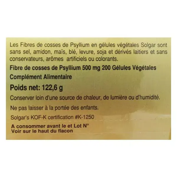 Cápsulas vegetais de Psyllium 200 da Solgar