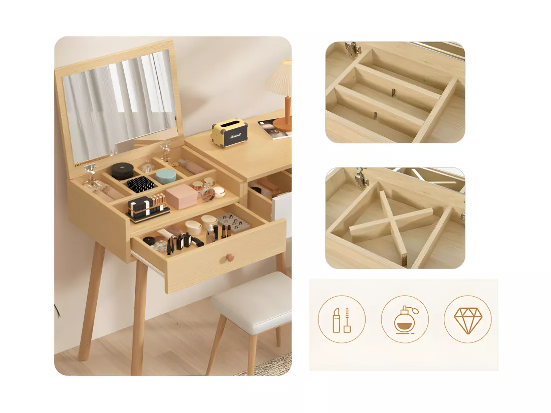 Coiffeuse avec miroir de rangement, 3 tiroirs, multiples compartiments de rangement, grande capacité de rangement - Naturel (tabouret non inclus)