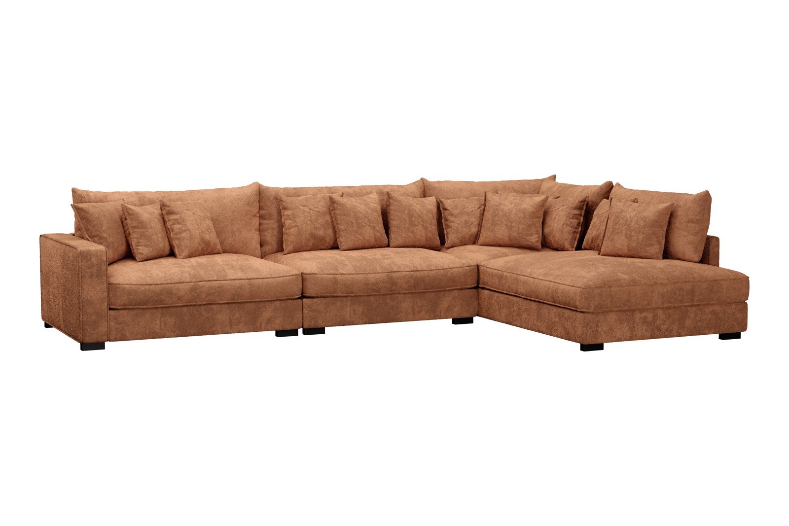 Rossi Lux 4-seter med åpen ende høyre Tekstil Genesis 9 Deep Terra, arm B med sorte ben. Lux Komfort.