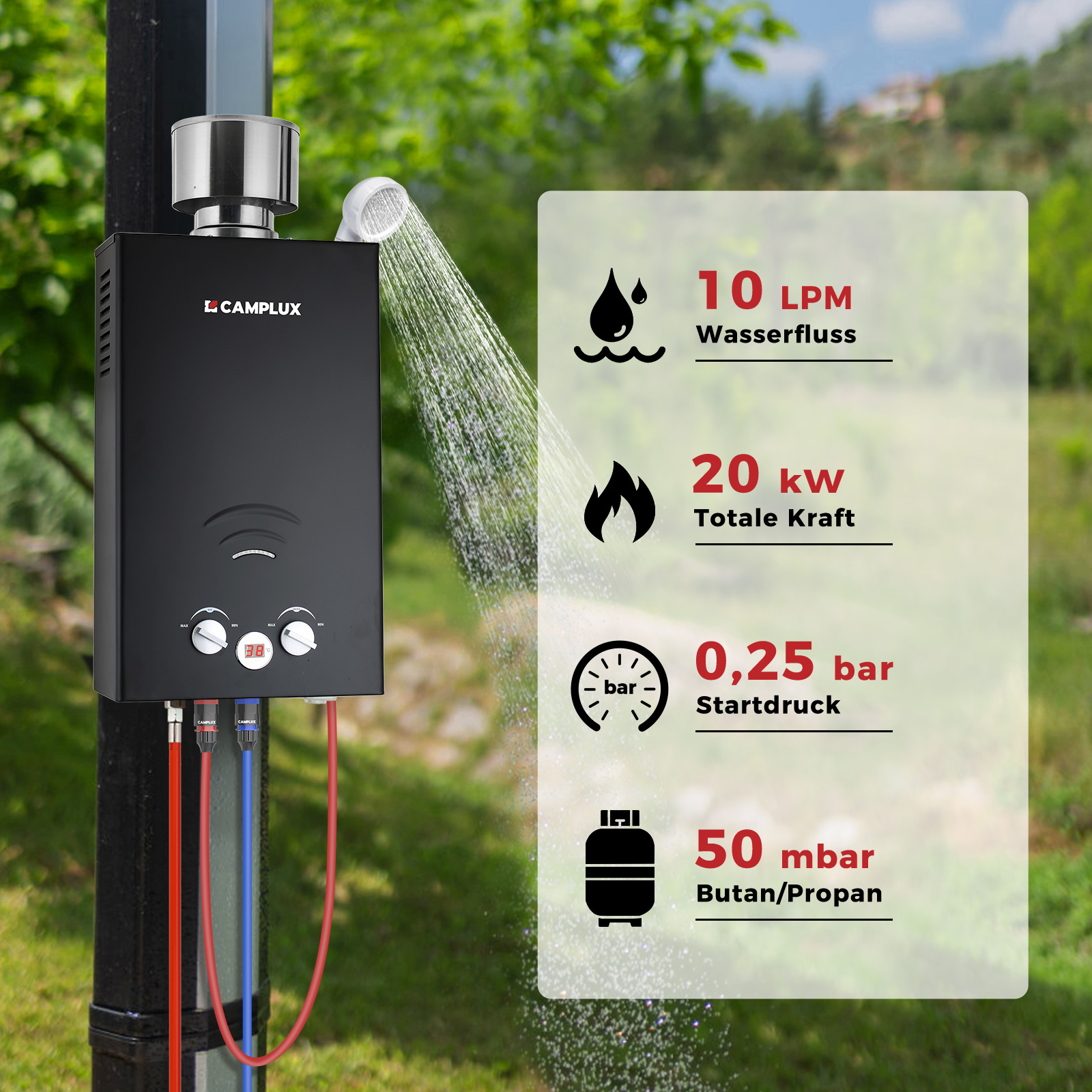 Camplux BW264 10 liter geiser met pomp en regenkap - 50 mbar