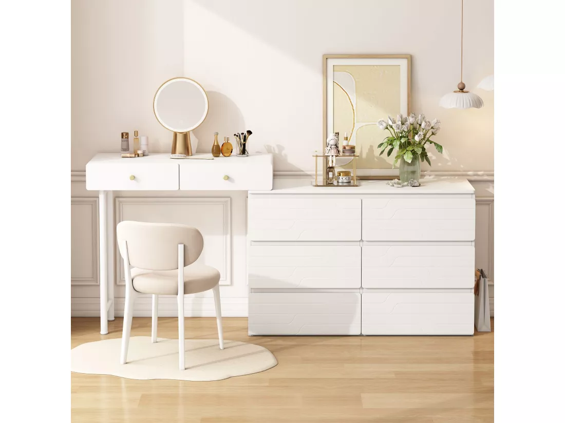 Coiffeuse,Commode 6 tiroirs,Trois niveaux, six tiroirs,Comprend des armoires latérales coulissantes,sans chaises ni miroirs,Blanc,180x40x85cm