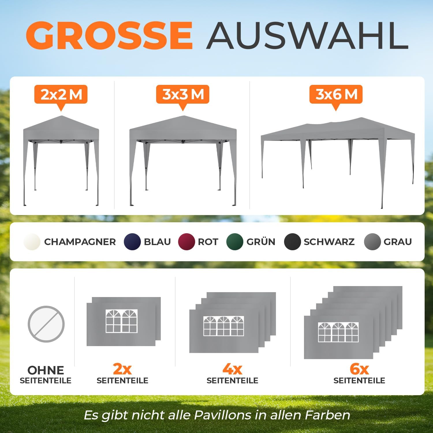 Kronenburg Faltpavillon wasserdicht Pavillon mit 6 Seitenteilen, Gartenzelt, 3x6 m - mit UV Schutz 50+, Grau