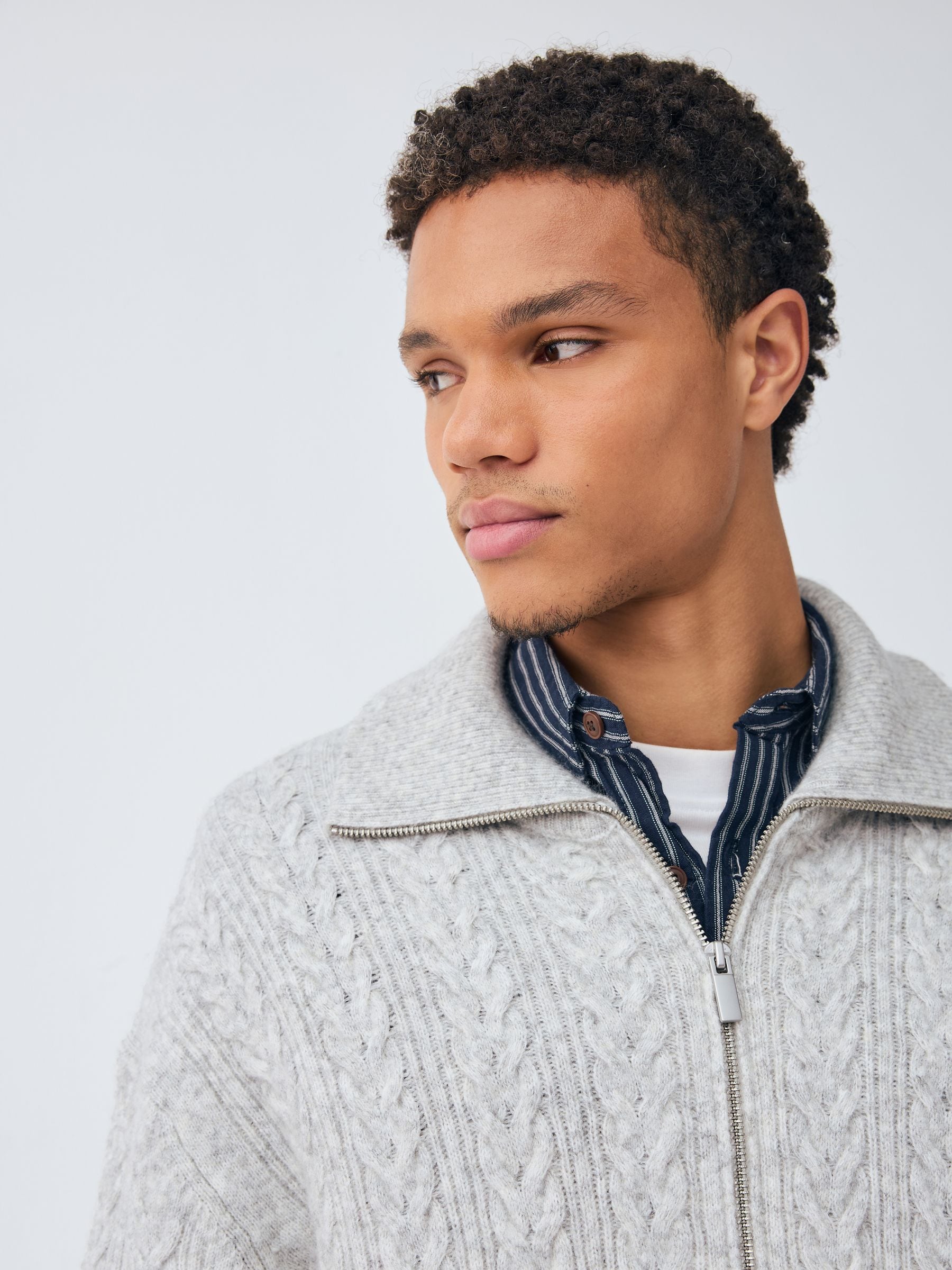 Grijs - Relaxed Fit Cosy Zip Through Collared Cardigan with Wool