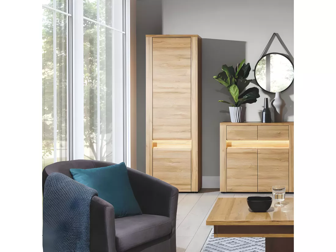 Armoire de salon 2 portes battantes Chêne à LED - BIELSKO - L 63 x l 40 x H 192,2 cm