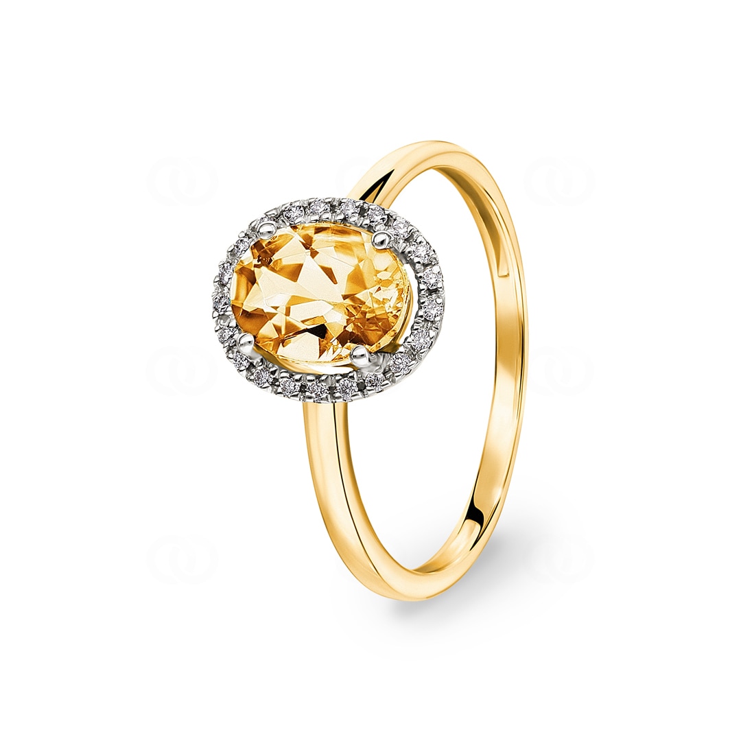 Damenring 750/18 K Gelbgold mit Citrin oval und Diamanten 0.06 ct H/si