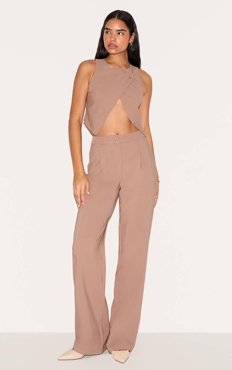 Taupe Gilet Long Asymétrique À Détails De Boutons