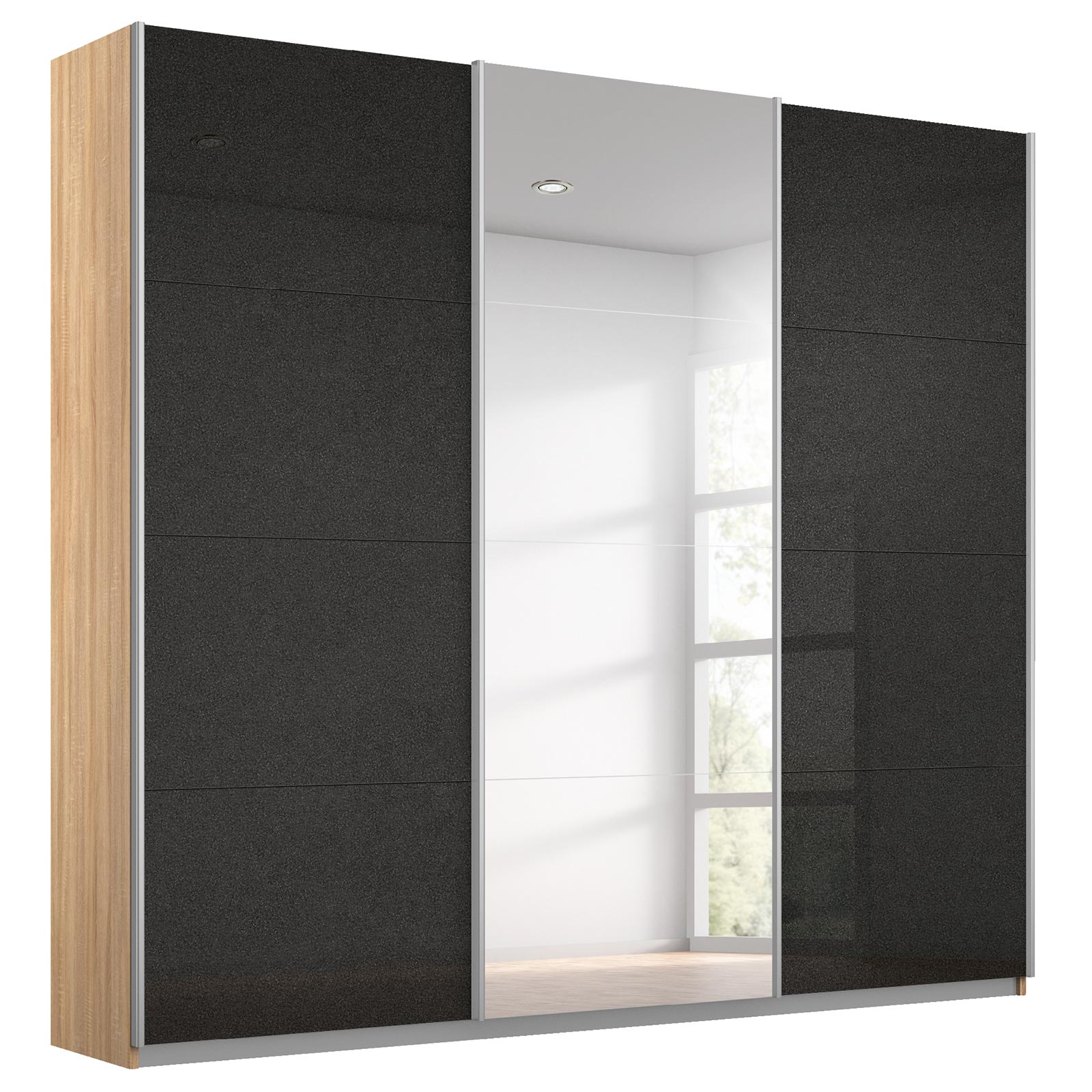 Schwebetürenschrank - effektgrau Hochglanz - Eiche Sonoma - 203 cm