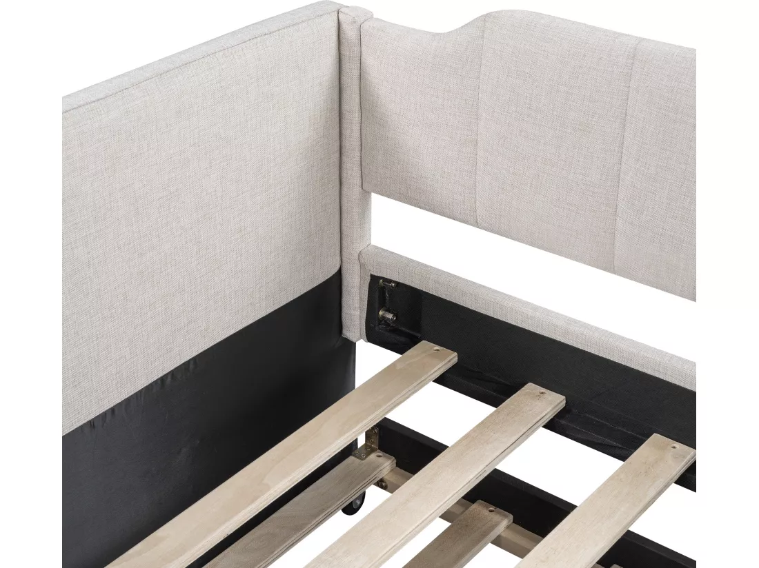Lit gigogne 90x190/200cm en tissu de lin - avec sommier à lattes - Beige