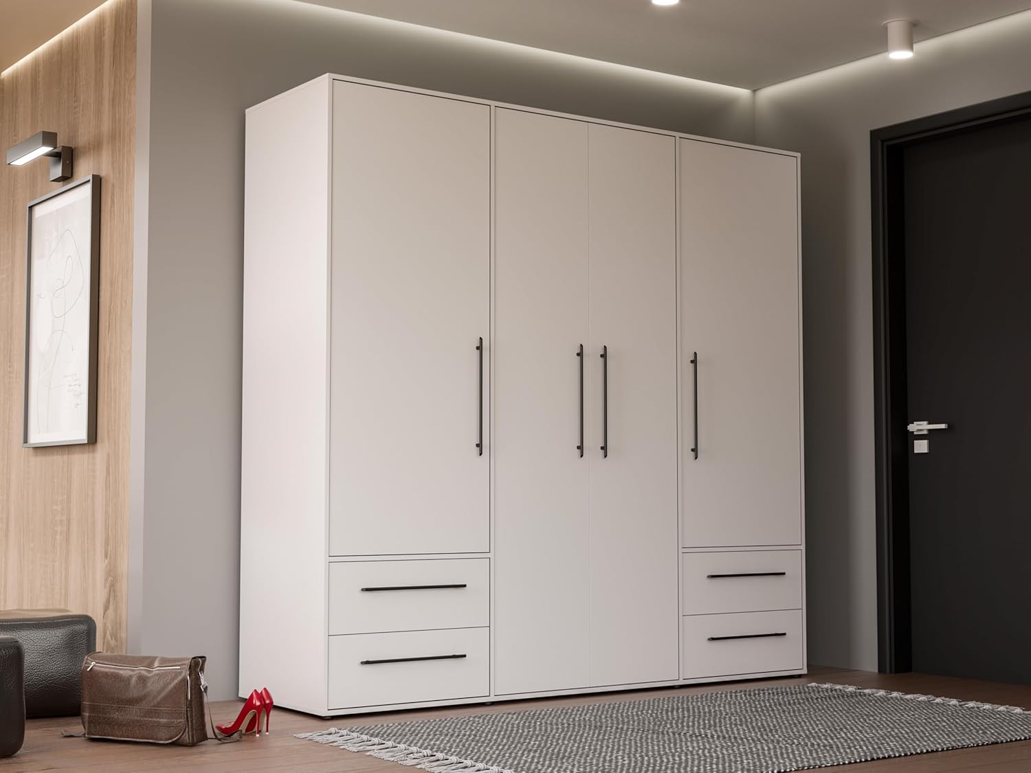 FORTE Jupiter Schrank 200 210, weißer Kleiderschrank, Drehtürenschrank, 3-türig, mit 2 Schubladen und Einlegeböden, Weiß, 206 cm breit x 59 cm tief x 200 cm hoch