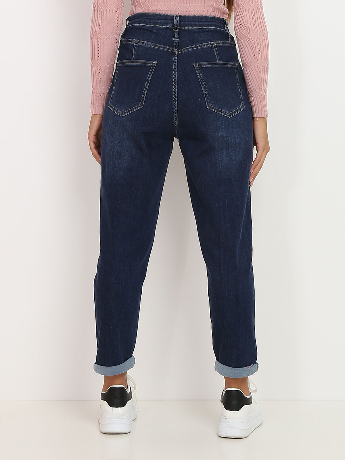 Mom jeans à double boutonnage- Bleu