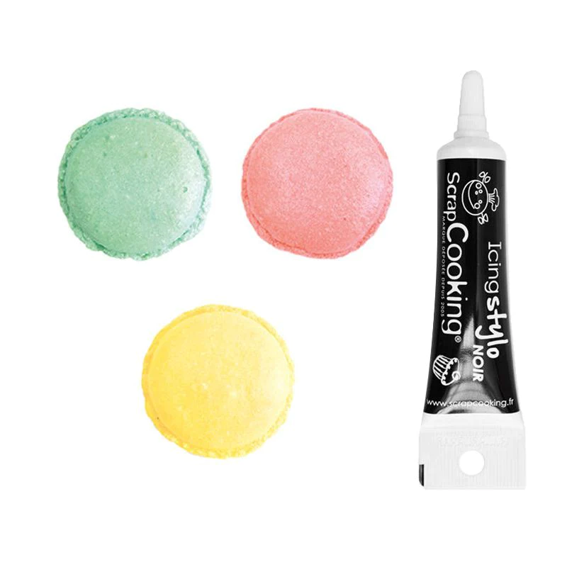 3 colorants alimentaires rose poudré, vert d'eau, jaune pastel + Stylo