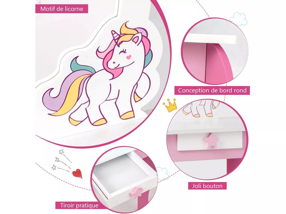 Coiffeuse pour Enfant Table de Maquillage avec Tabouret, Miroir Détachable et 1 Tiroir de Rangement Style Princesse