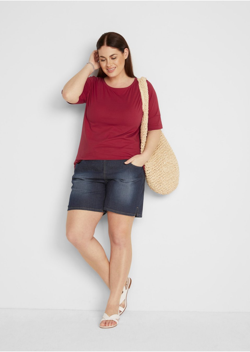 T-shirt col bateau, manches mi-longues