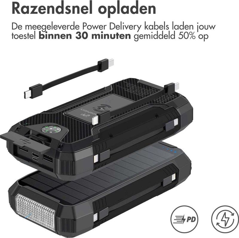 imoshion - Solar Powerbank - Draadloze Powerbank - Zwart - 30.000 mAh