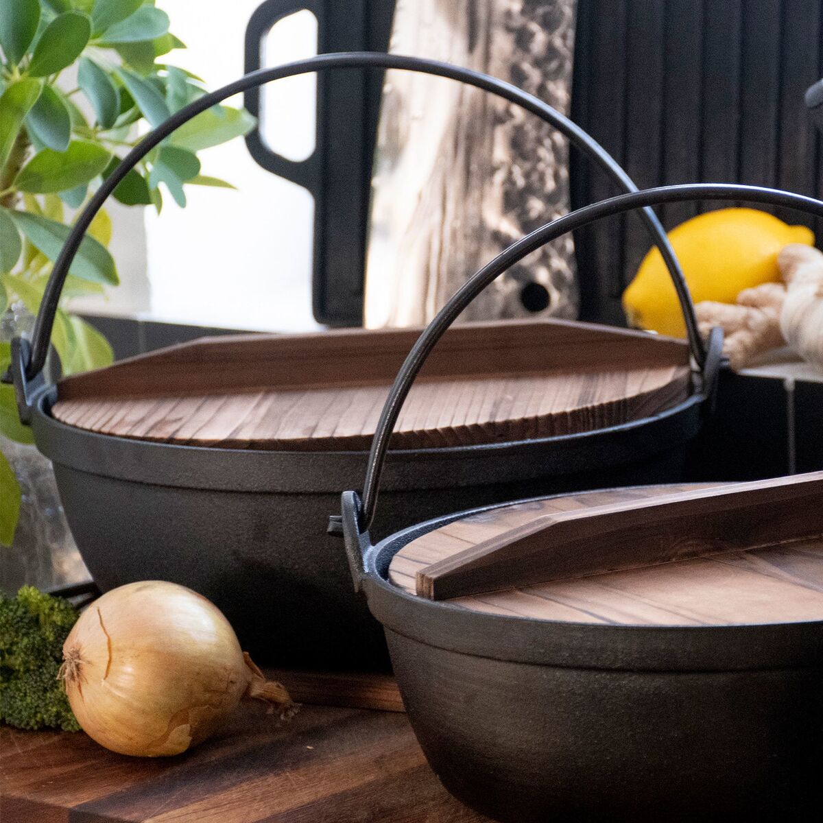 Satake, Støpejernsgryte med ovnssikkert lokk og trelokk Ø 24 cm 2,7 l
