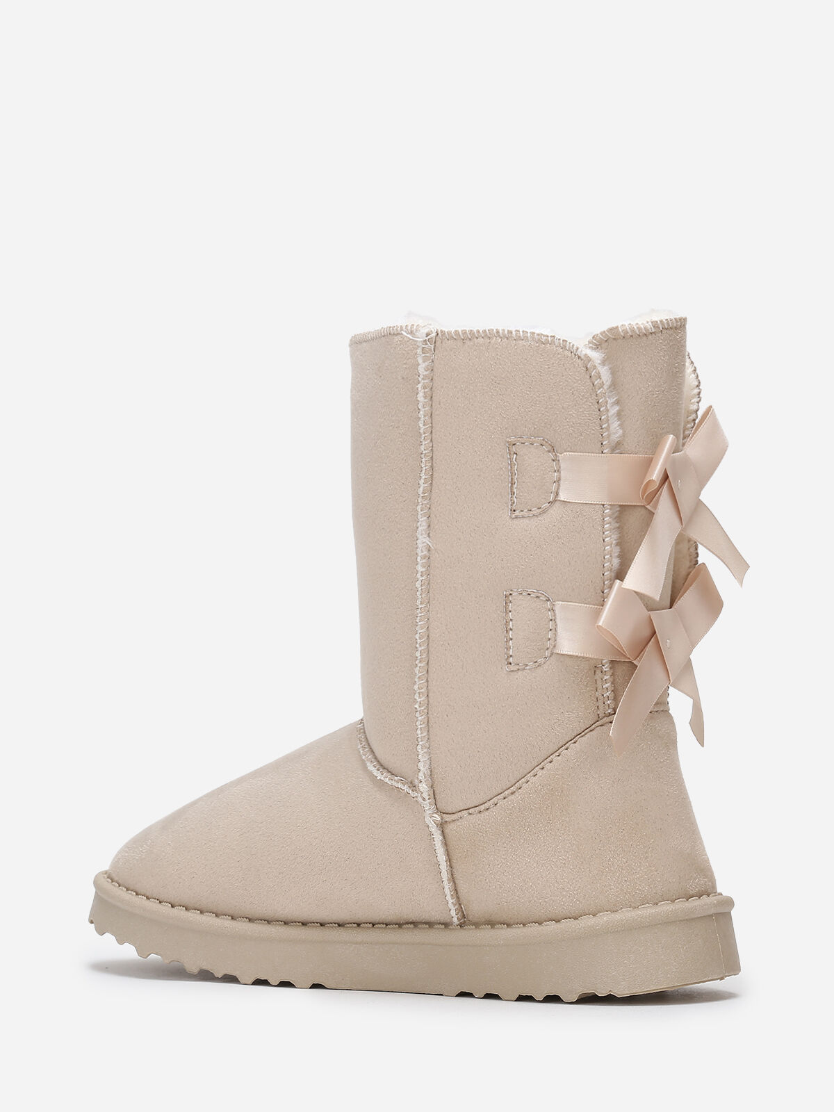 Boots fourrées à rubans noués- Beige