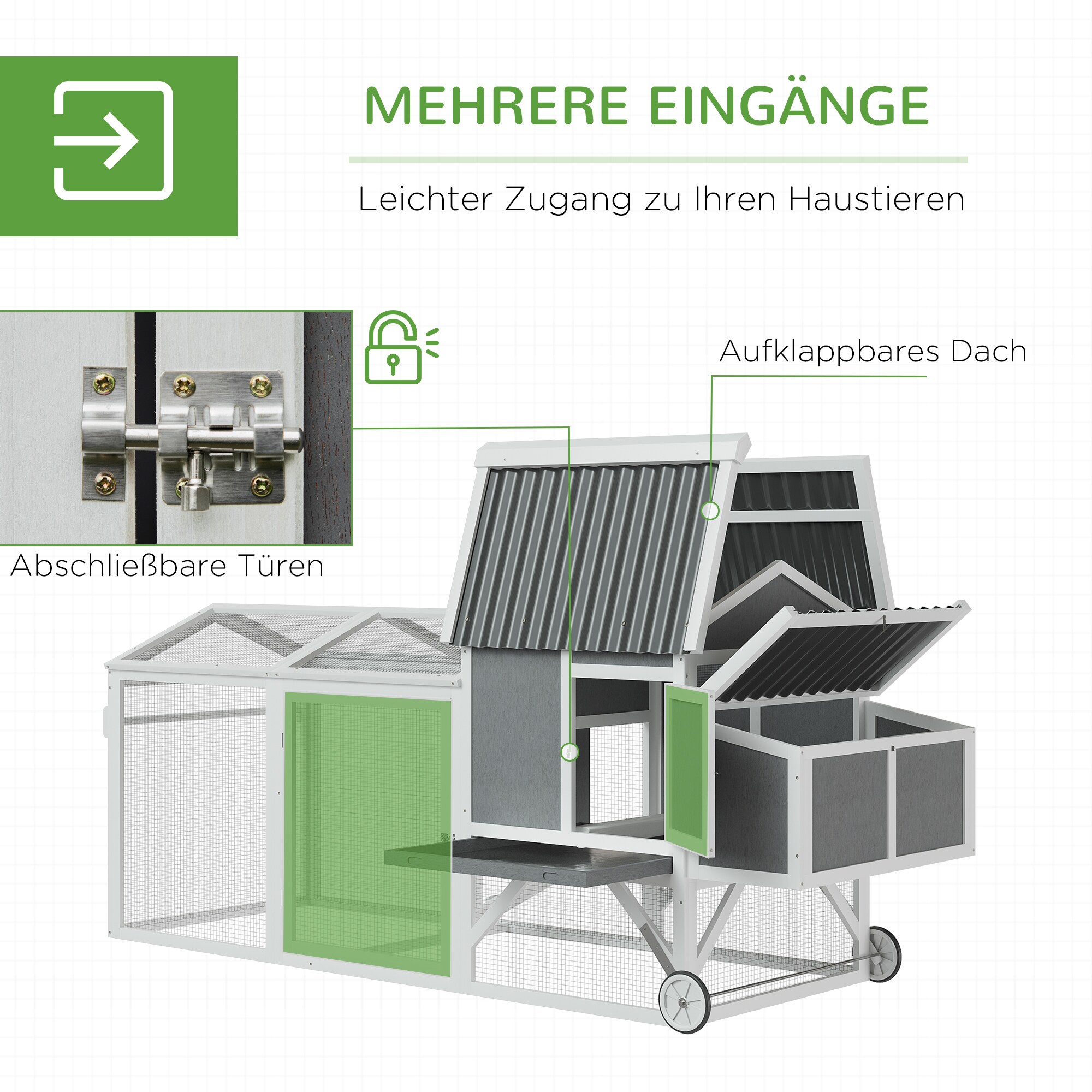 PawHut Kleintierstall mit mit Rädern und Griff weiß, grau 247L x 90B x 114H cm