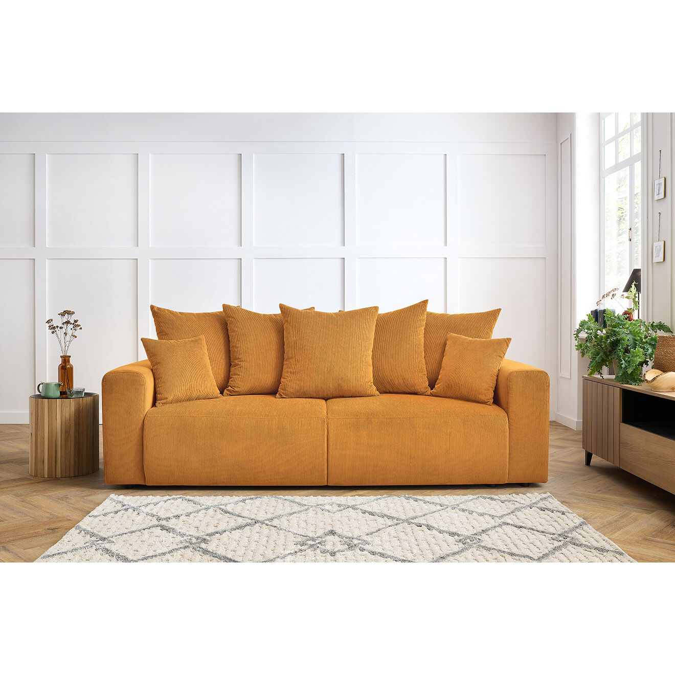 Bobochic Canapé droit fixe 3 places envy velours côtelé jaune - 240x100x95 cm