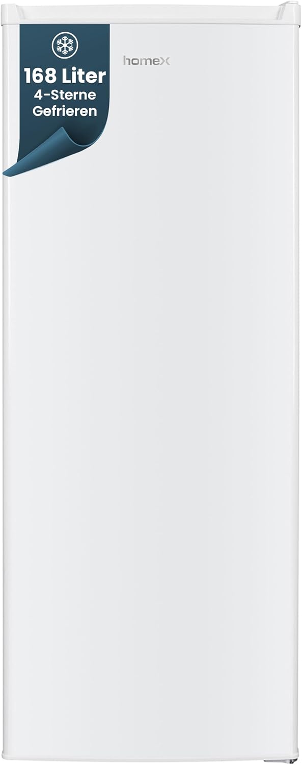 homeX Gefrierschrank, Tiefkühlschrank groß - 168L Nutzinhalt, 4-Sterne Gefrieren, XXL Freezer, Gefrierschränke freistehend, Temperaturregelung, wechselbarer Türanschlag, leise 40 dB, Gefriergerät weiß