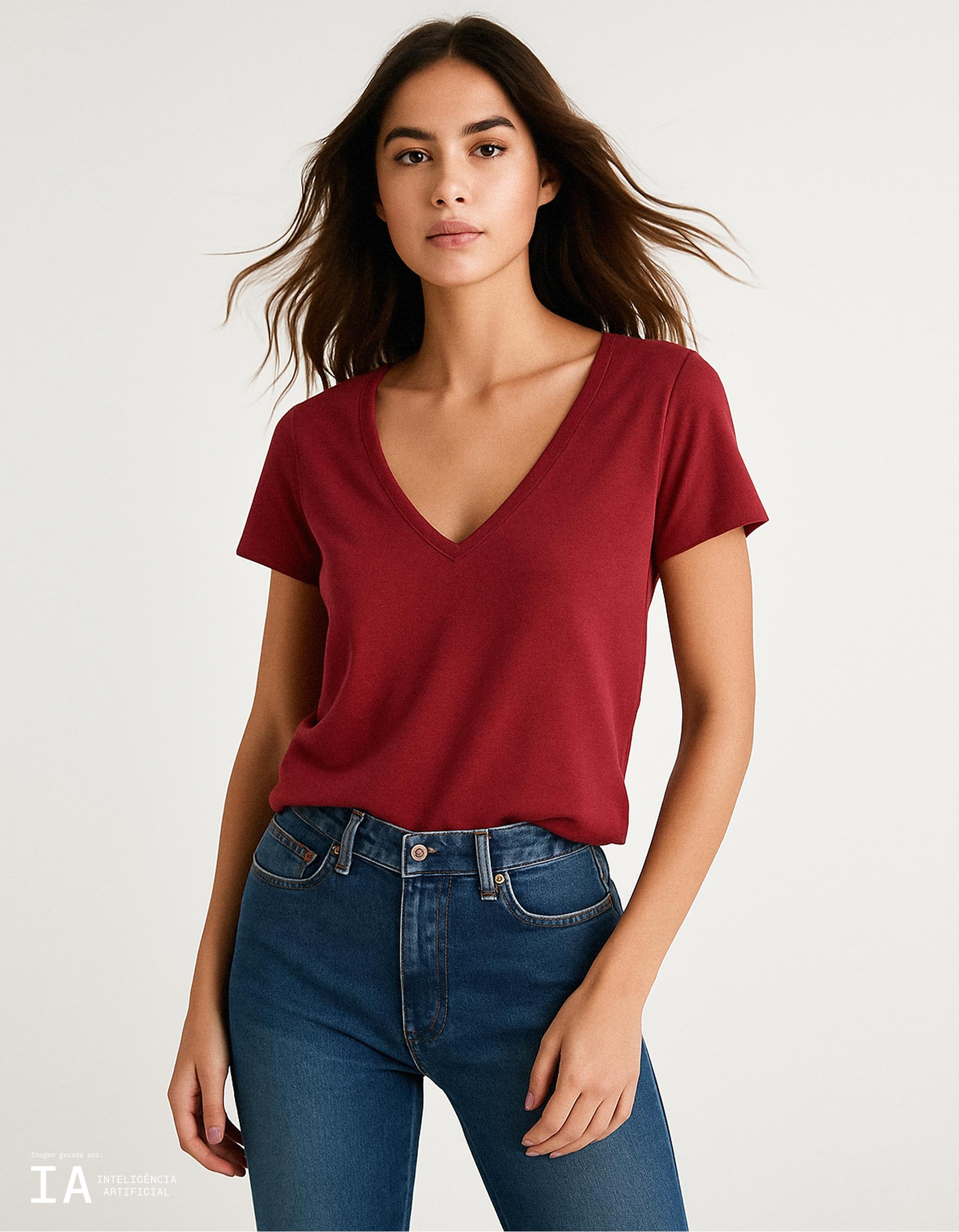 T-shirt Decote em V, Mulher, Vermelho Escuro