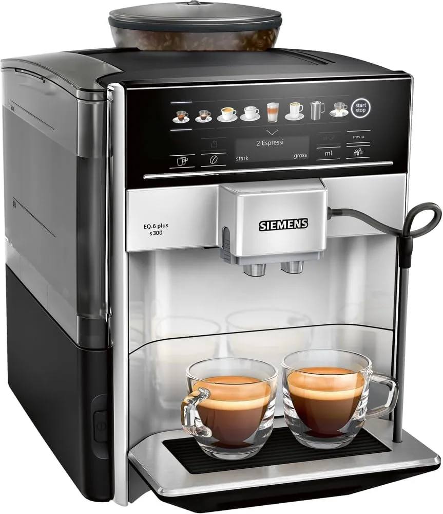 SIEMENS Kaffeevollautomat EQ.6 plus s300 TE653501DE, für viele Kaffeespezialitäten, Milch-Aufschäumdüse, Keramikmahlwerk, Doppeltassenfunktion, Antikalk, automatische Dampfreinigung, 1500 W, silber