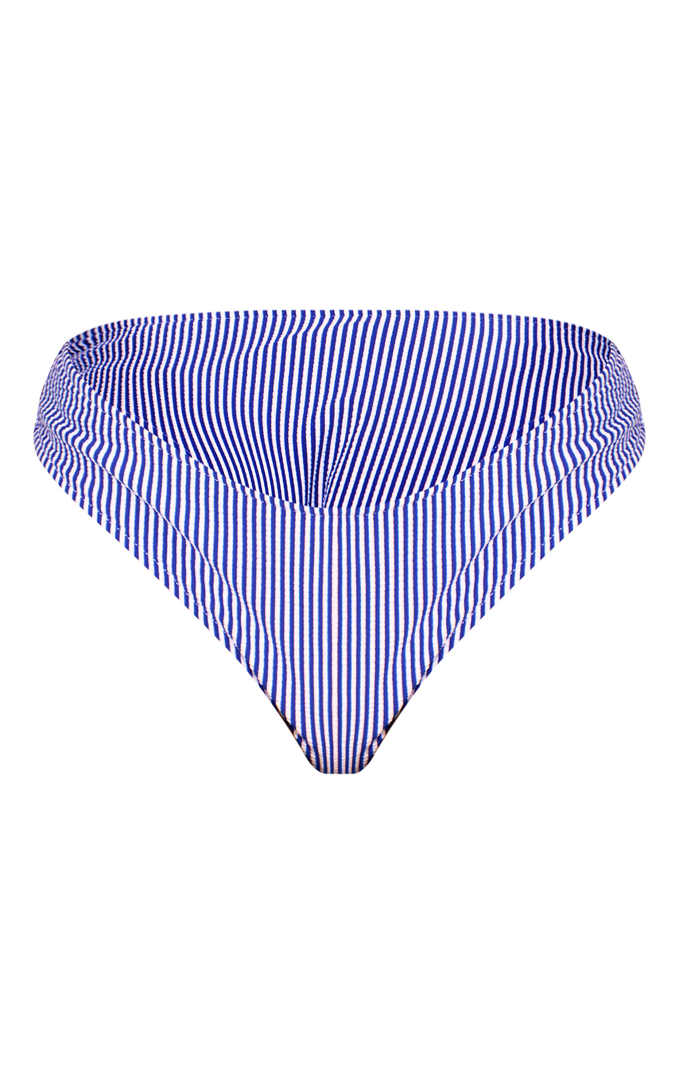 Bleu Marine Bas De Bikini Taille Haute À Rayures Texturées