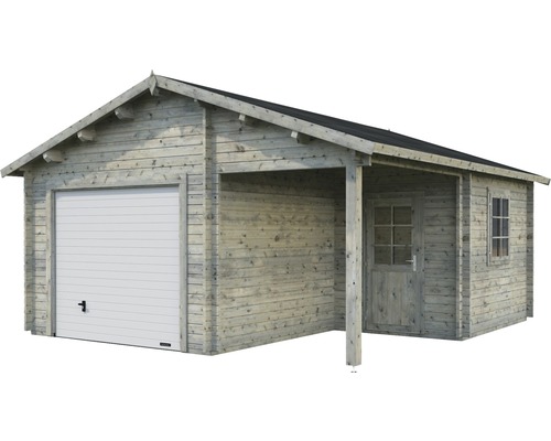 Palmako Roger vrijstaande garage, 21,9+5,2 m², met sectionaaldeur 510 x 550 cm, grijs gegrond.