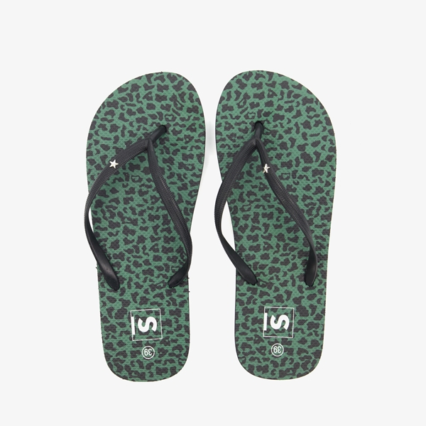 Dames teenslippers zwart groen luipaardprint