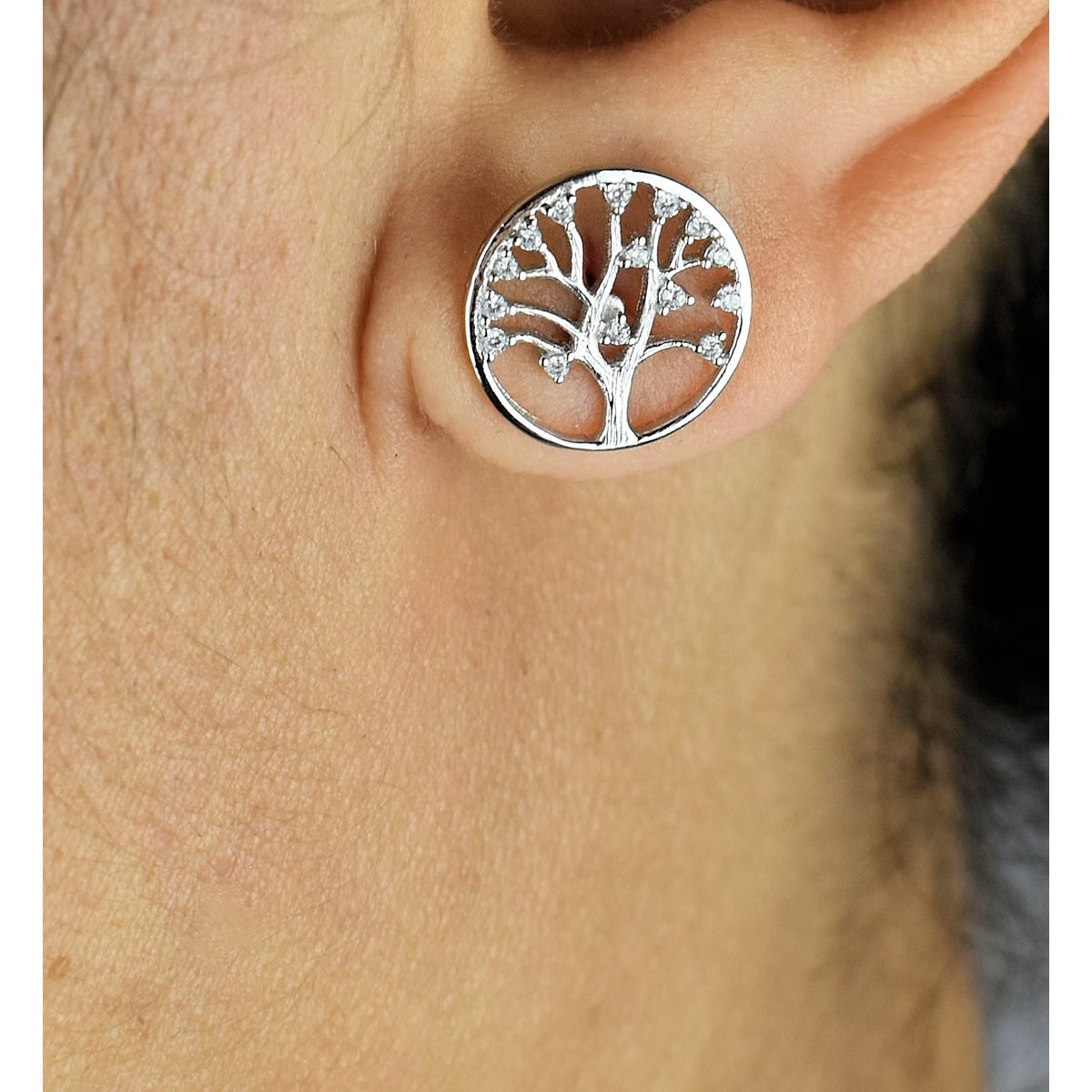 Boucles d'oreilles arbre de vie oxydes de zirconium Argent 925 Rhodié