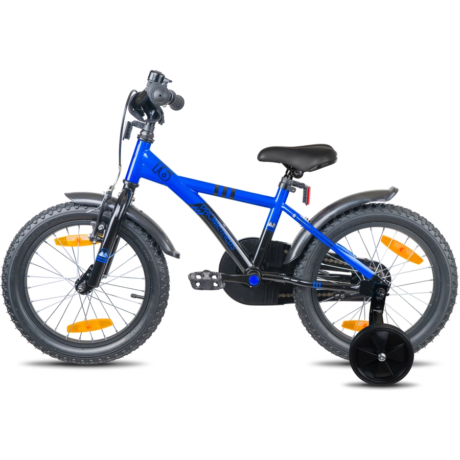 PROMETHEUS BICYCLES® Kinderfahrrad 16, Blau Schwarz mit Stützrädern
