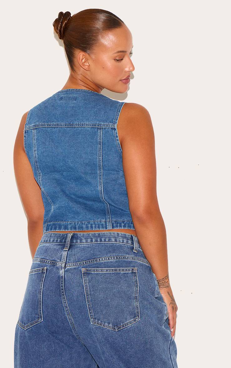Indigo Blue Wash Gilet En Jean Col Américain Avec Boutonnage Devant Grande Taille