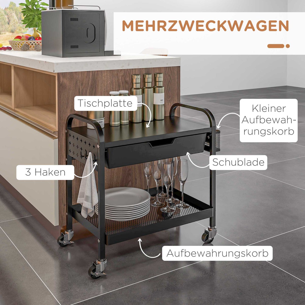 HOMCOM Serveerwagen, Rolwagen met 1 Lade, 1 Plank, Opbergwagen, Bijzettafel met Haken, Keukenwagen voor Keuken, Woonkamer, Staal, Zwart